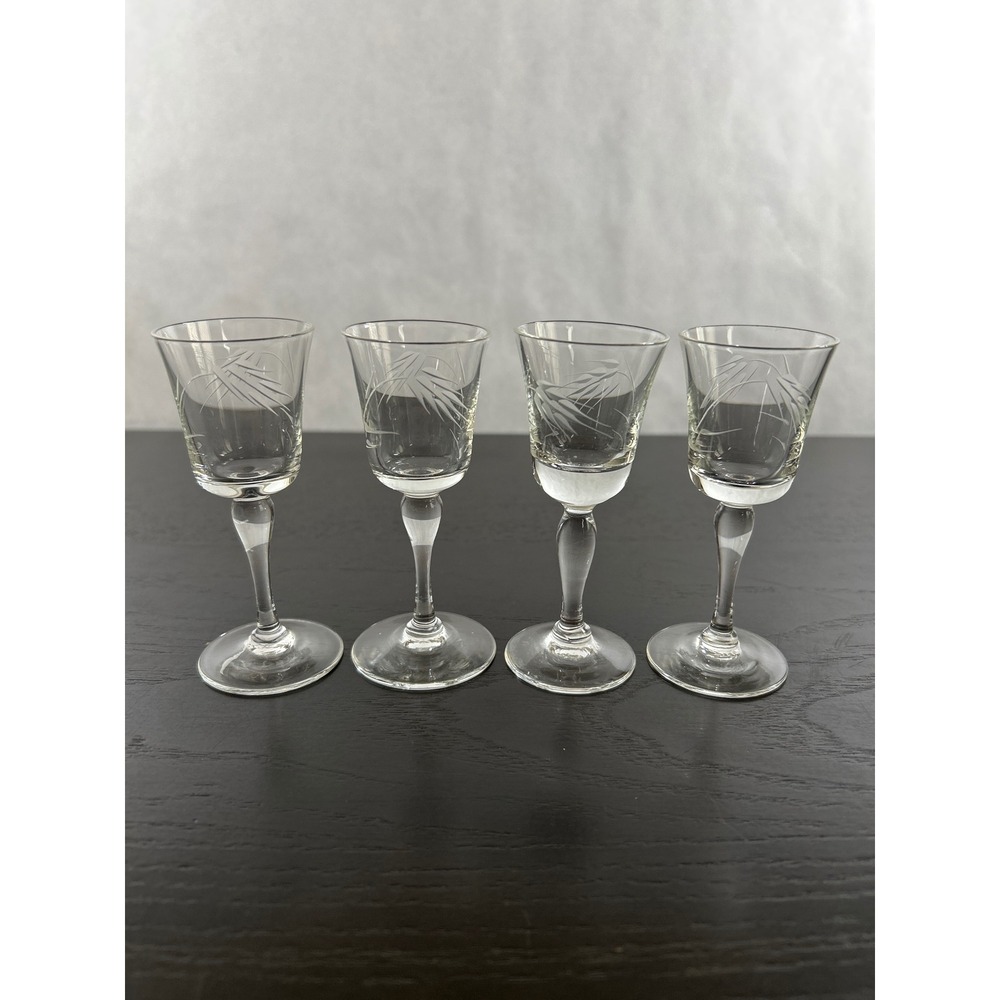 Vintage Etched Wheat Cordial Glasses Set of 4 Clear Stemmed Liqueur Aperitif 4oz